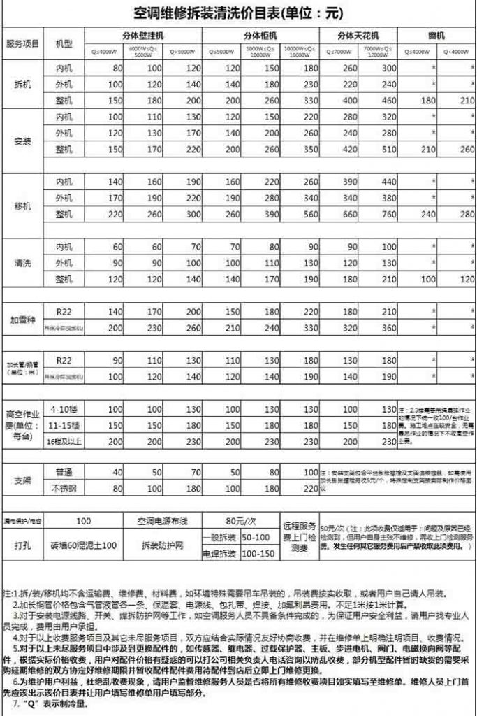 空调维修价格表