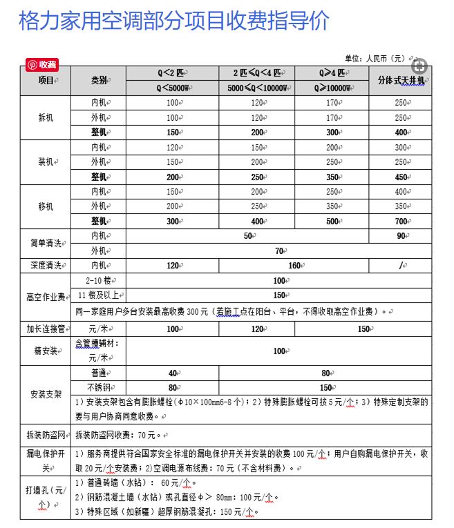 格力空调收费标准